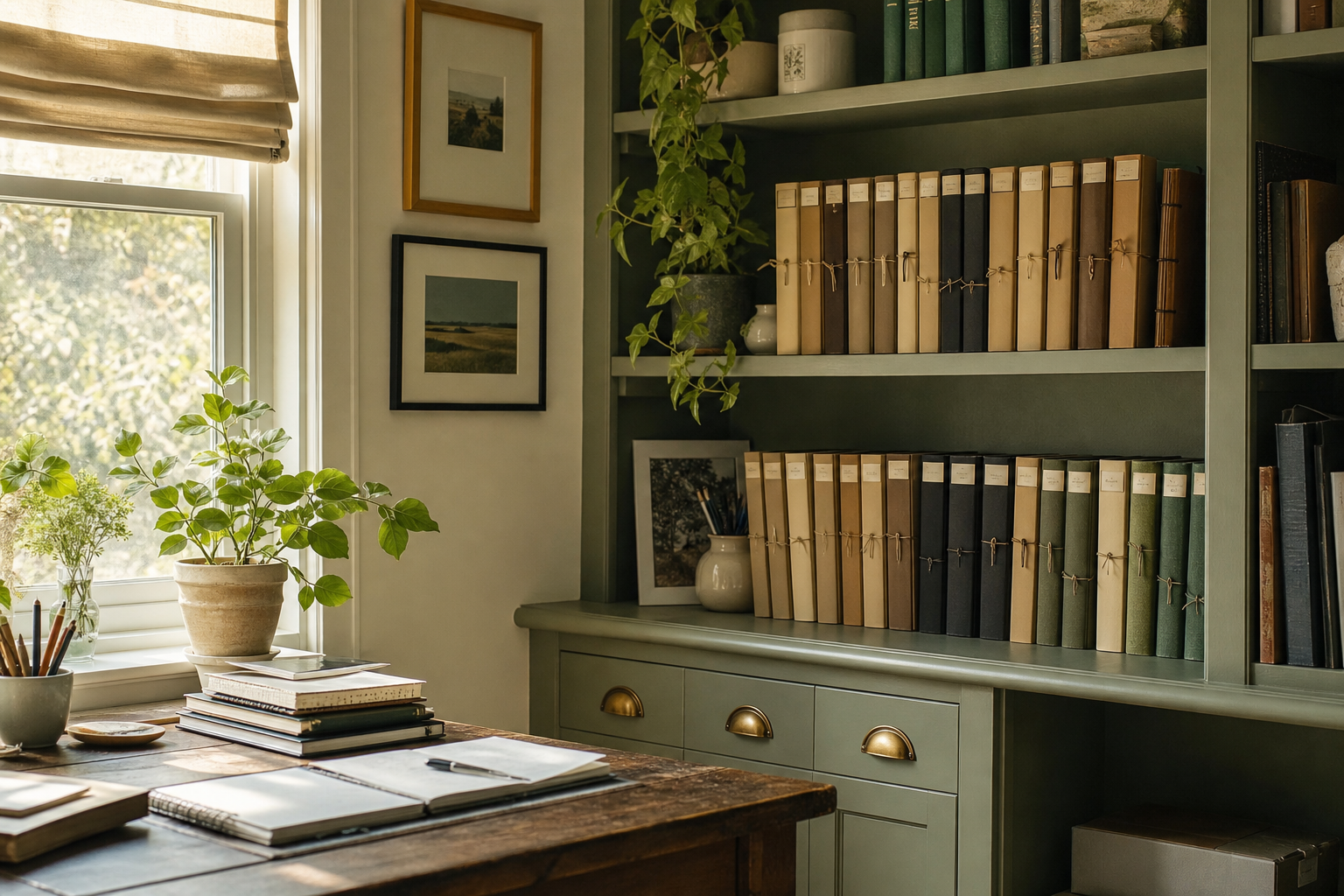 Shelf of dated story notebooks in a home office