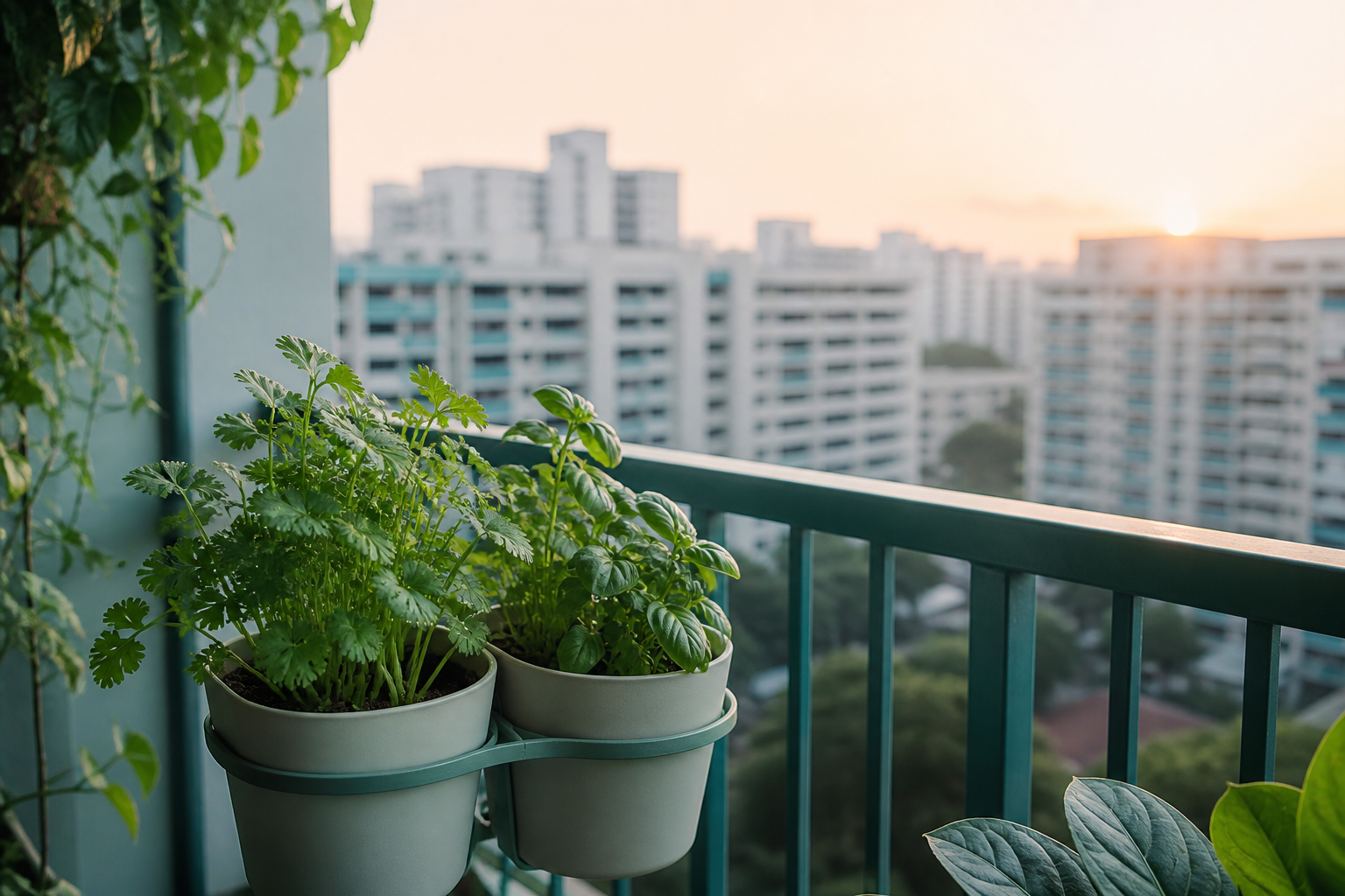 Herb pots on an HDB balcony overlooking Serangoon blocks at sunrise