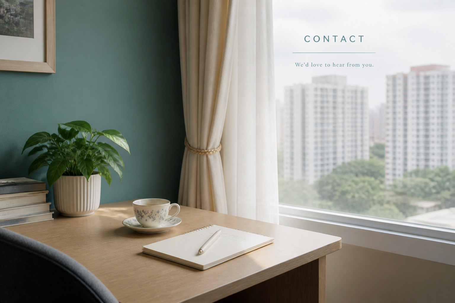 Writing desk with teacup and notepad in a Serangoon flat