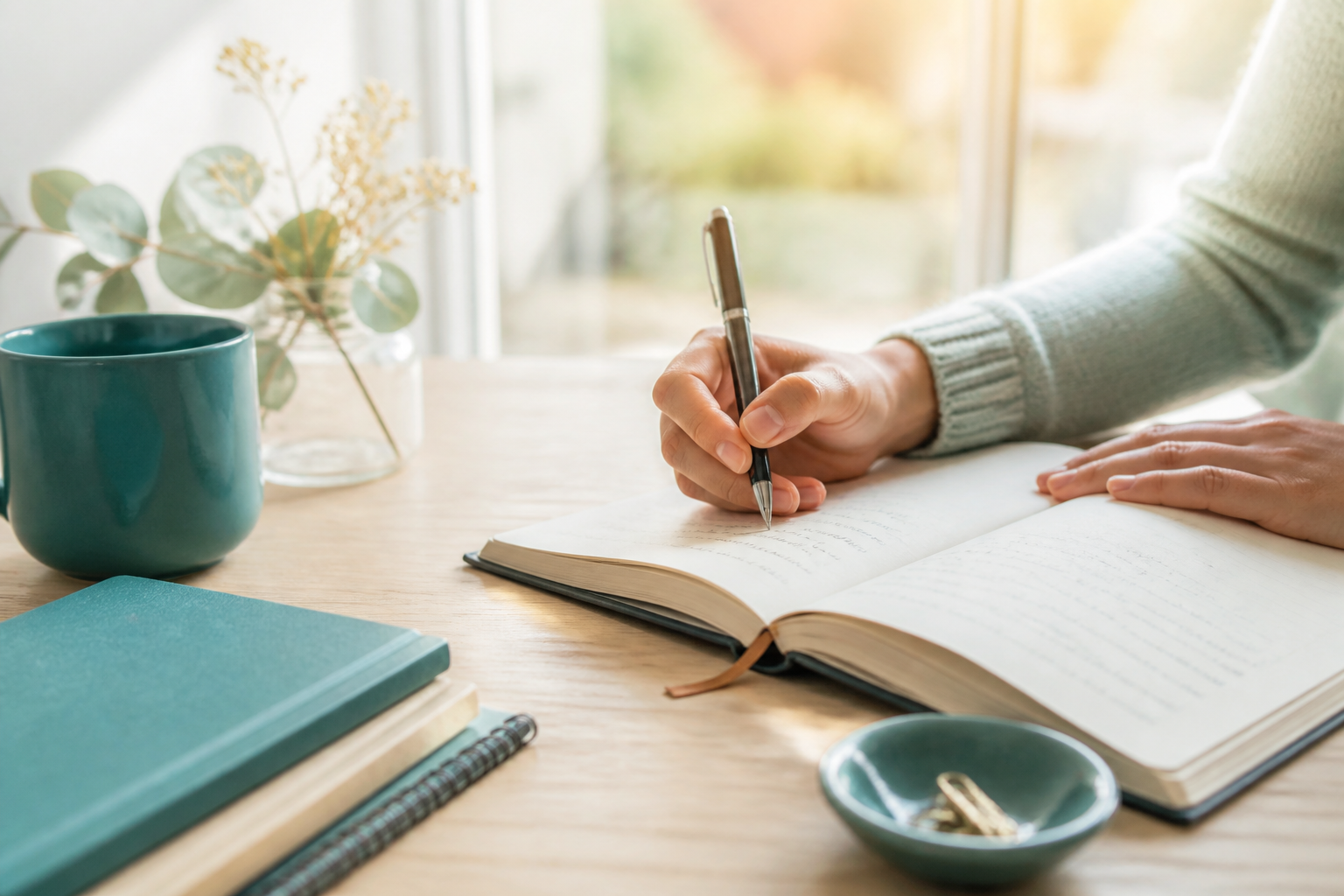 Open journal with pen mid-sentence at a writing desk