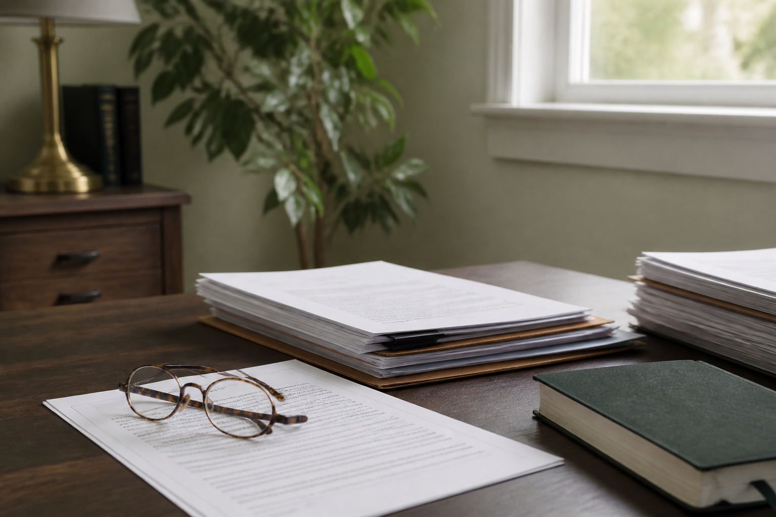Desk with documents and reading glasses in soft daylight