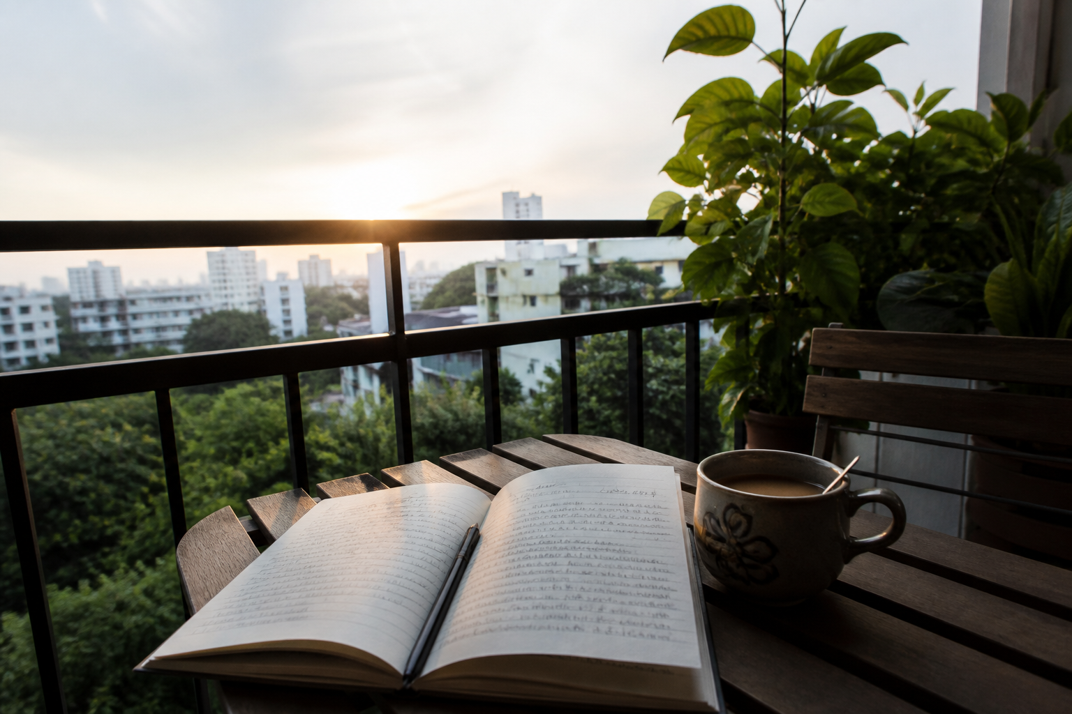 Early morning tea beside an open journal on a balcony table
