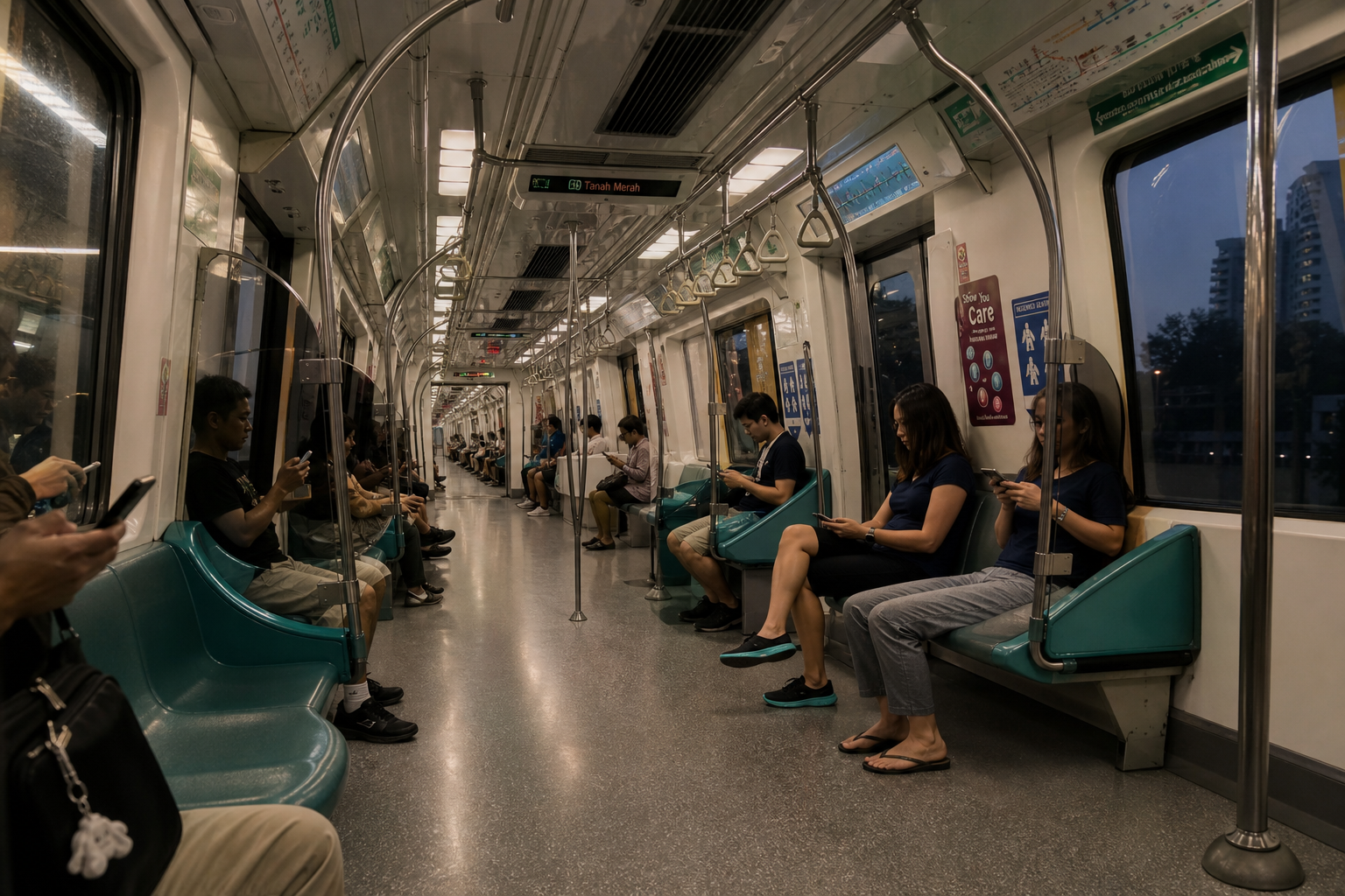 Inside an MRT carriage during the evening rush toward Serangoon