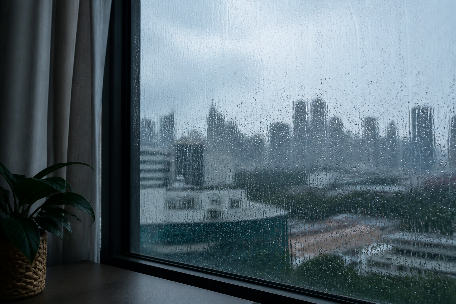 Rain on an apartment window during a monsoon afternoon