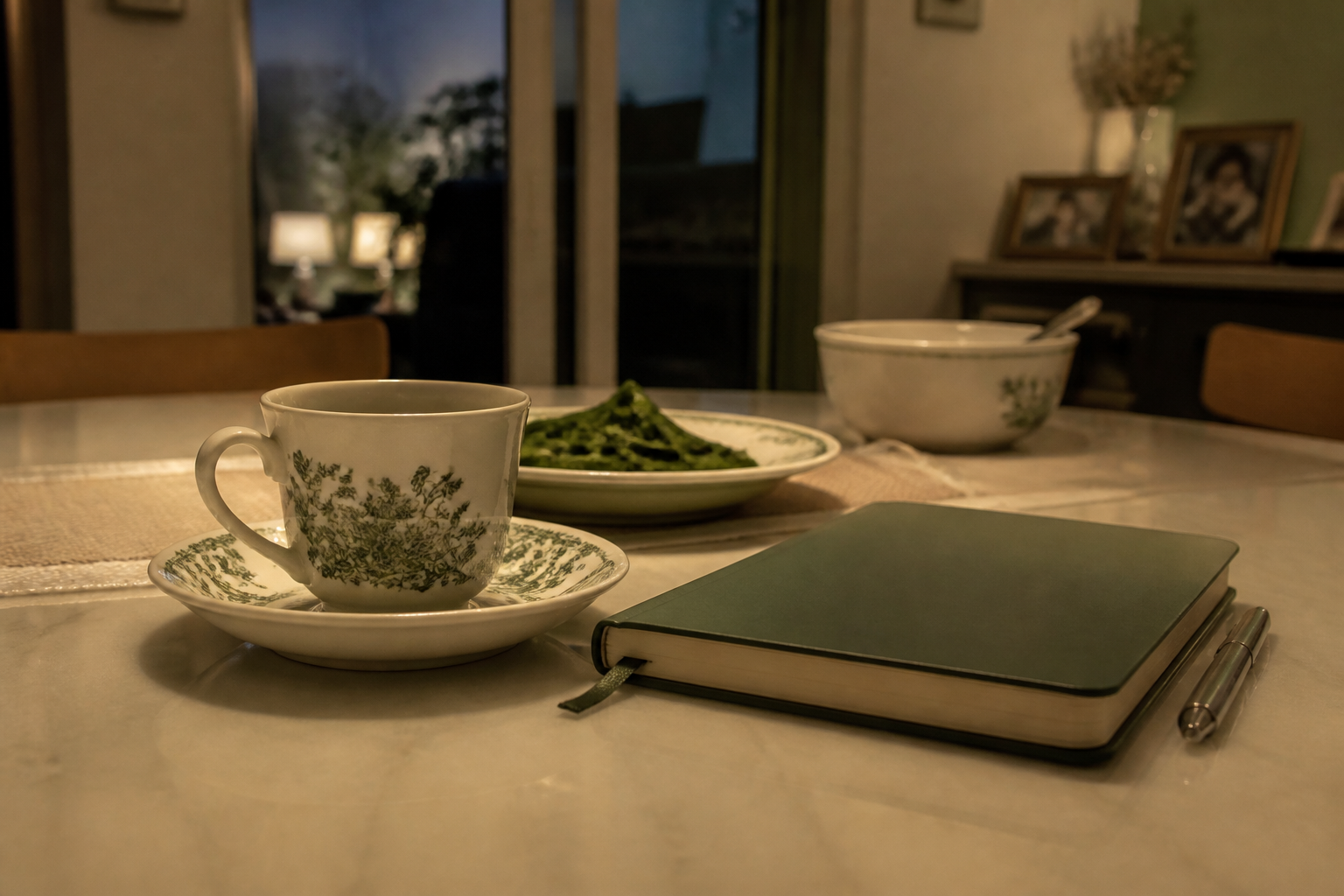 Teacup and saucer on a table after an evening meal