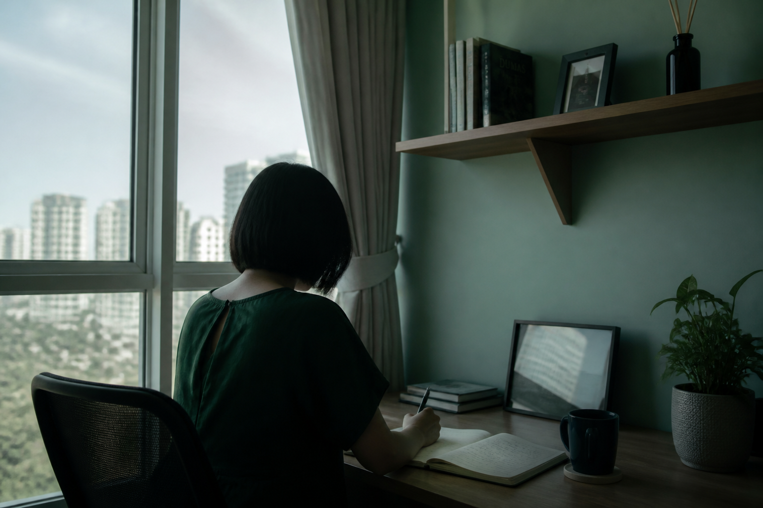 Author writing in a notebook by a window in Serangoon